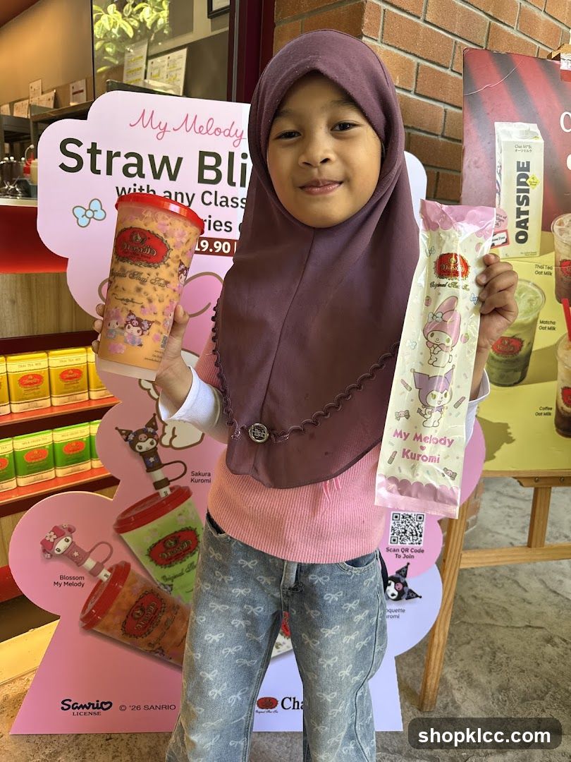 Girl with Sanrio-themed drinks and snack
