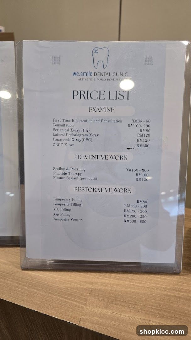 We Smile Dental Clinic Price List