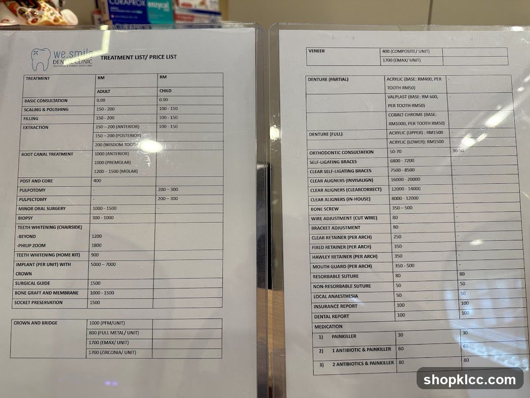 We Smile Dental Clinic Treatment List / Price List
