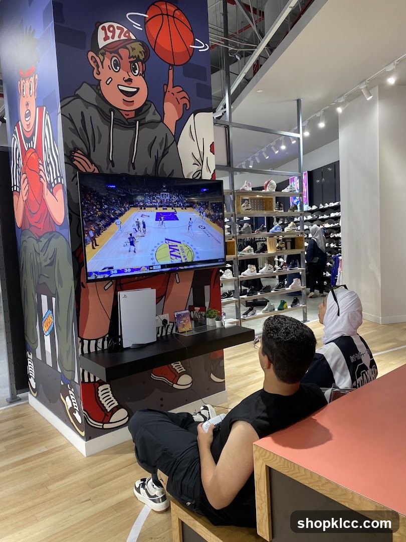 People watching basketball game in a store