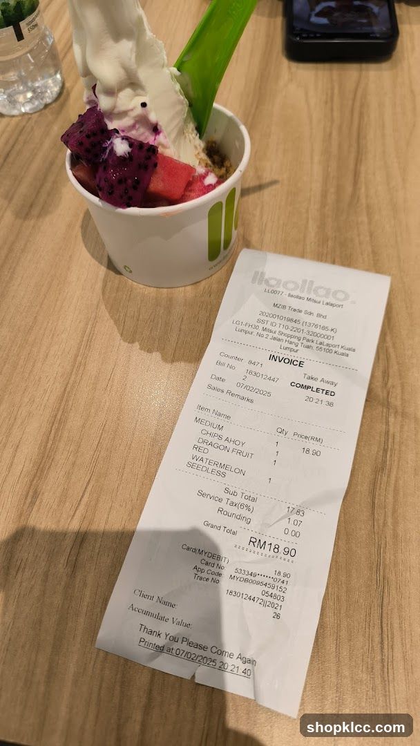 Ice cream dessert with receipt
