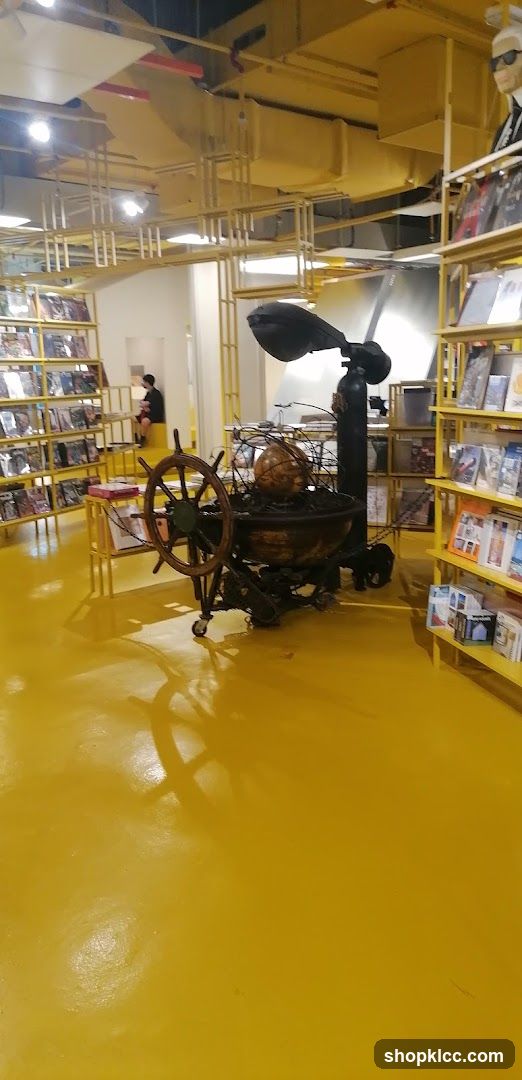 Interior of a bookstore with yellow decor