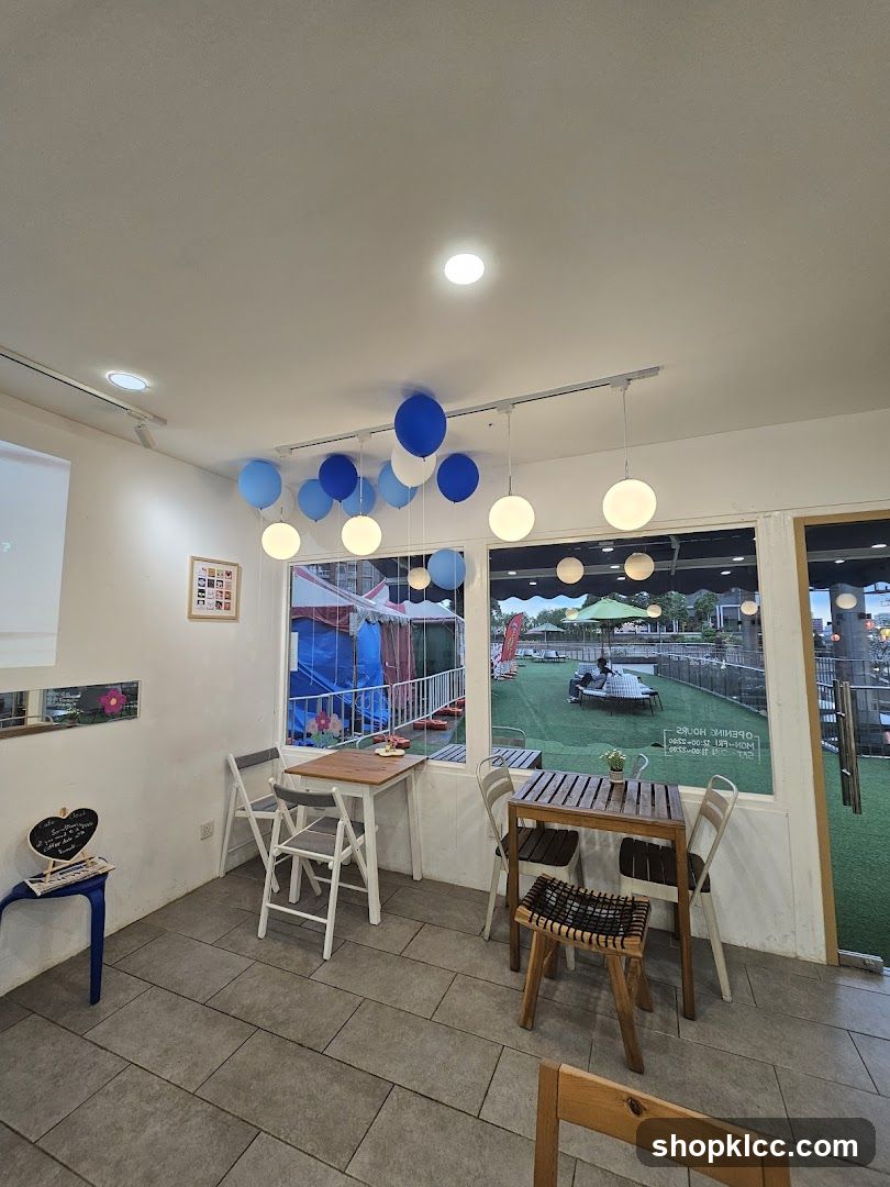 Interior of a cafe with blue decorations