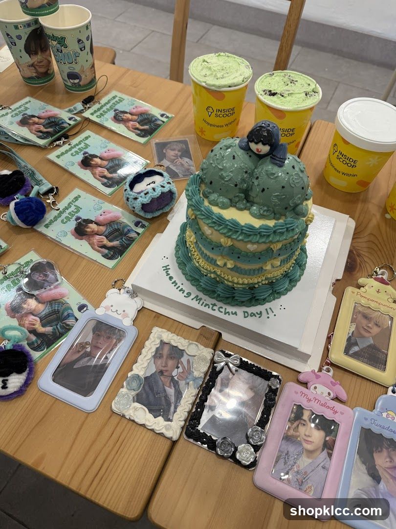 K-pop themed merchandise and cake display