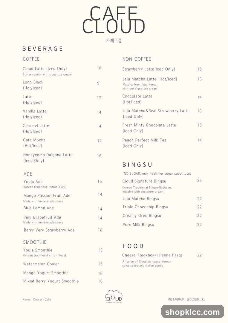 Cafe Cloud Menu