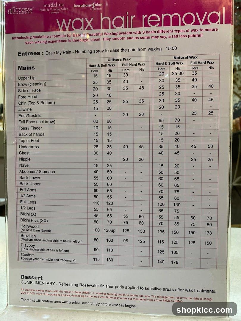 Madaline Nails & Waxing Salon Beautique Salon Wax Hair Removal Menu