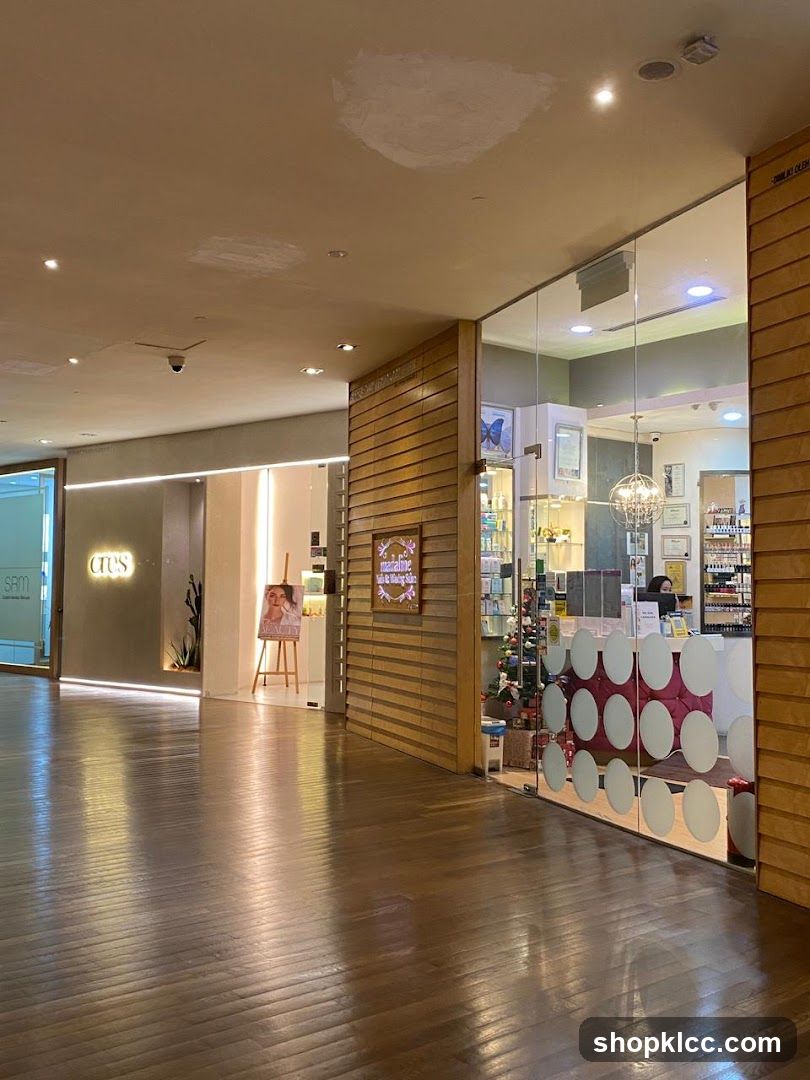 Interior of a shopping mall with storefronts