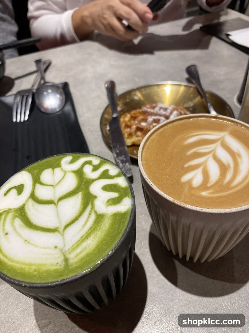 Matcha Latte and Coffee with Waffle