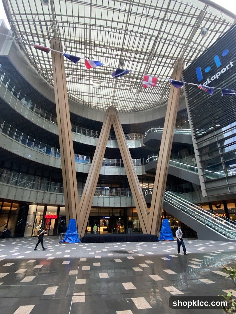 Modern Atrium with Flags and Escalators