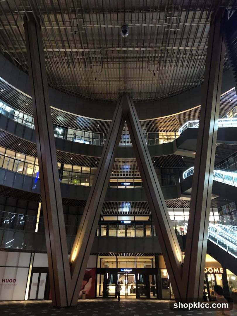 Modern Building Interior with Large Wooden Supports