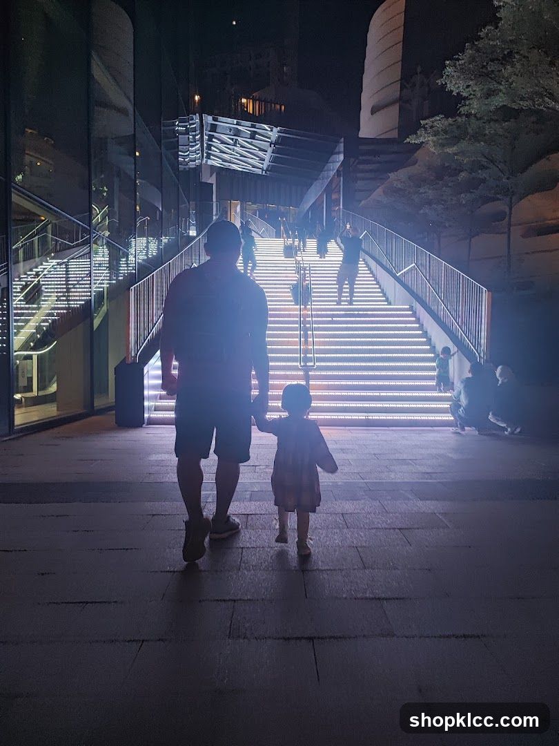 People walking up illuminated stairs at night