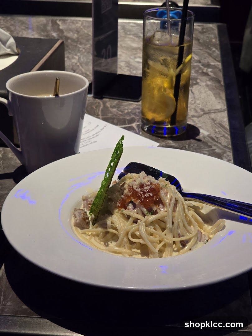 Pasta Dish with Drink and Coffee