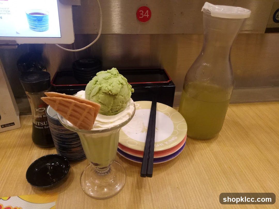 Matcha dessert with waffle cookies and green tea