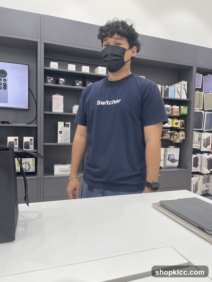 Store employee wearing a mask