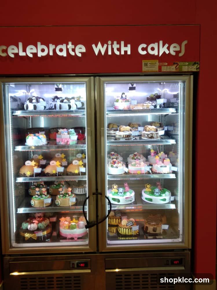 Cakes in a display refrigerator