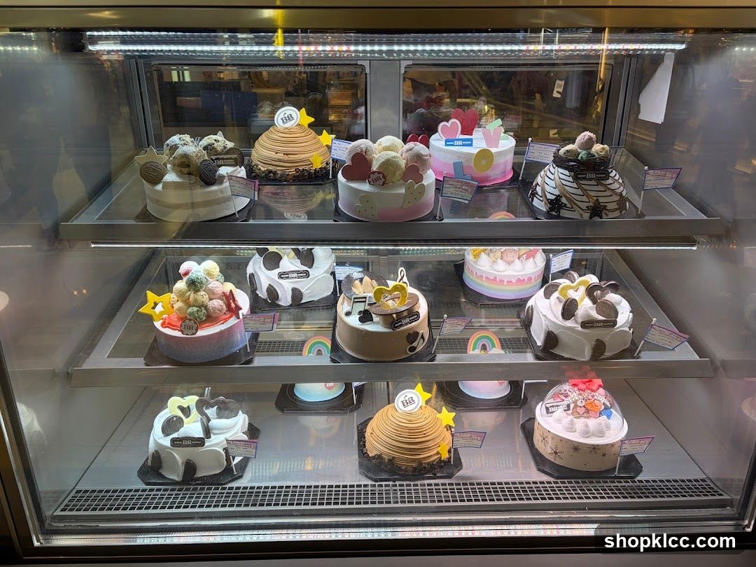 Cakes in a display case