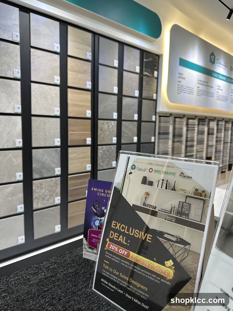 Tile showroom with promotional flyer