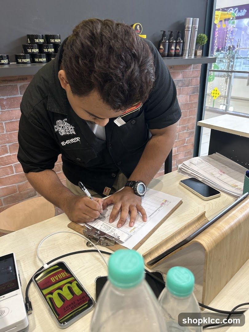 Barber taking notes