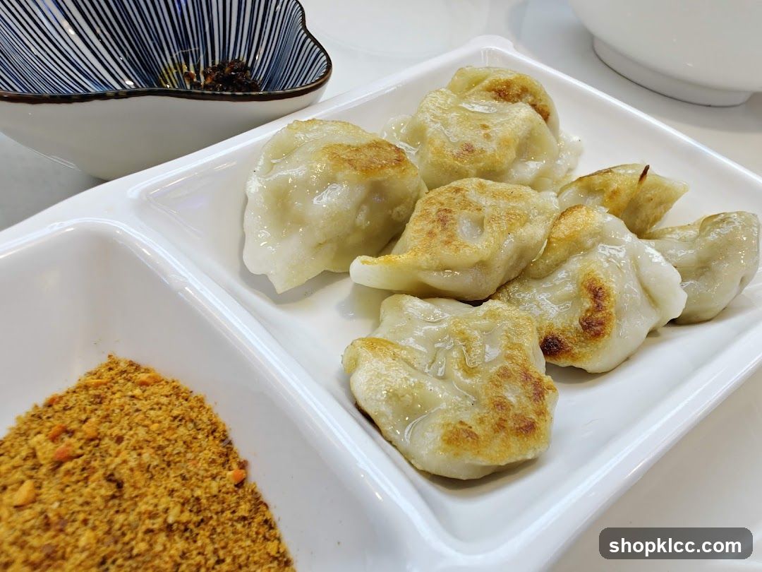 Pan-fried dumplings with dipping sauce
