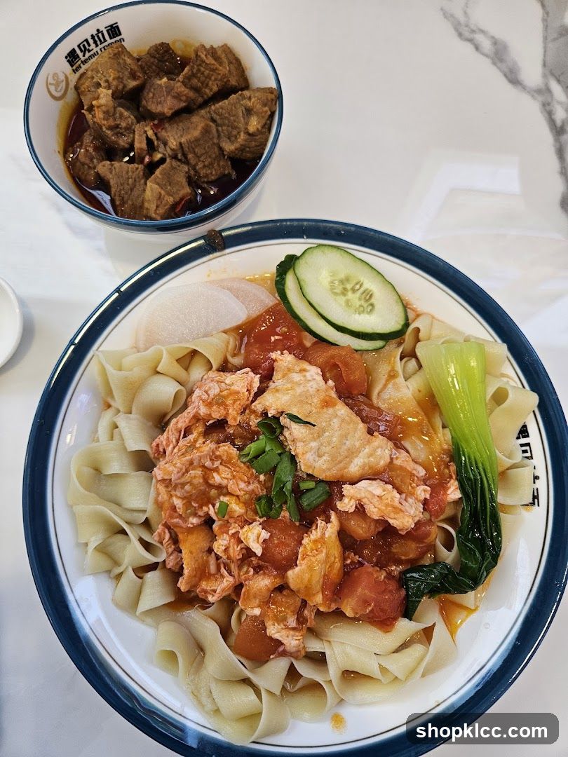 Noodles with Tomato and Egg Topping and Braised Beef