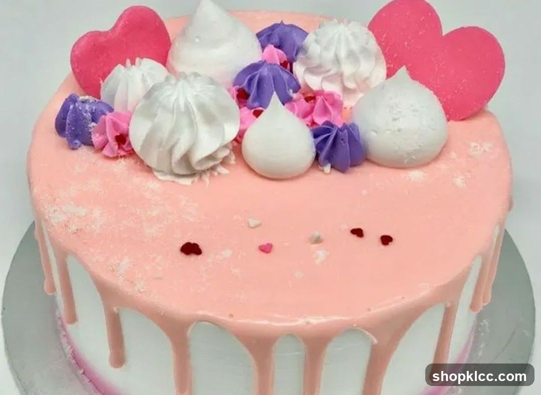 Pink Drip Cake with Meringue and Heart Toppers
