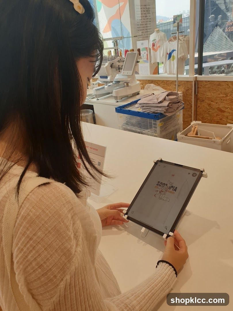 Woman using tablet in store