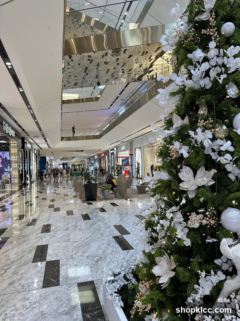 Modern Shopping Mall Interior with Christmas Tree