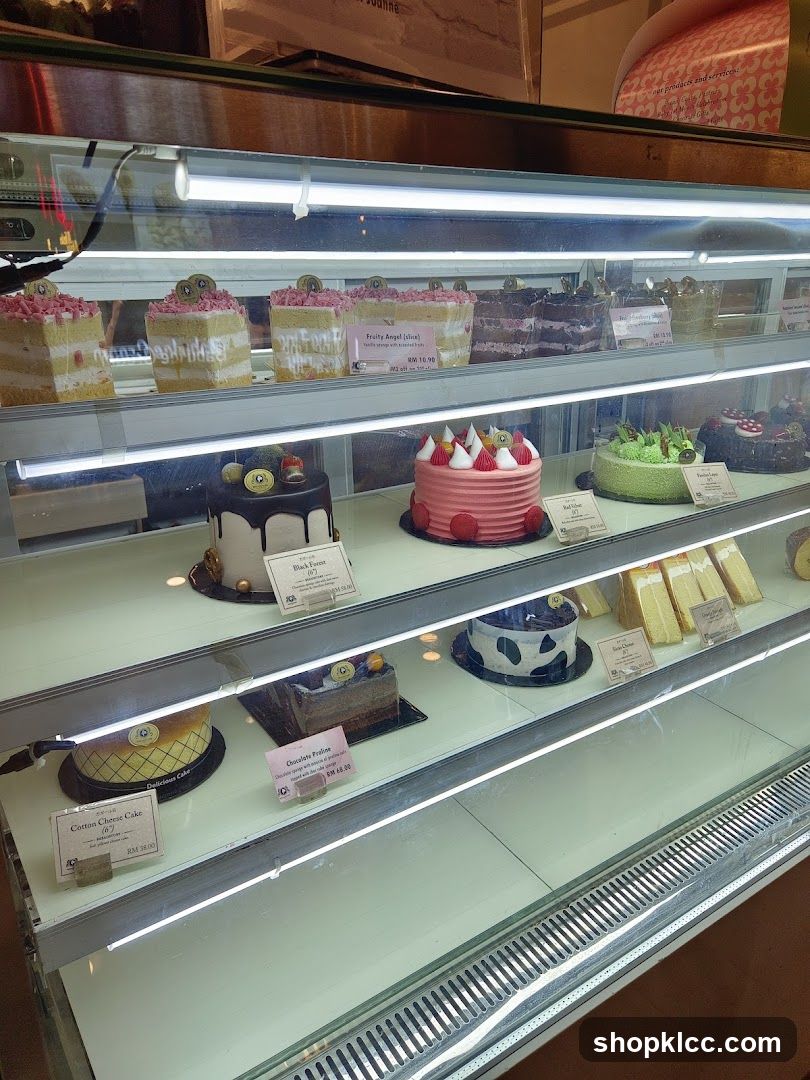 Cakes in a display case