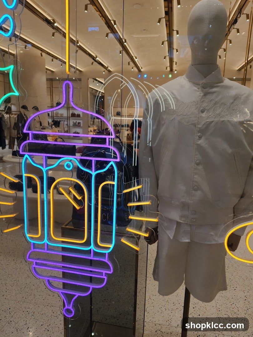 Store Window Display with Neon Lantern and Mannequin