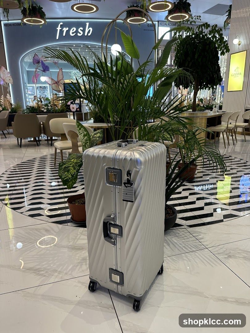 Silver Suitcase in Front of Storefront