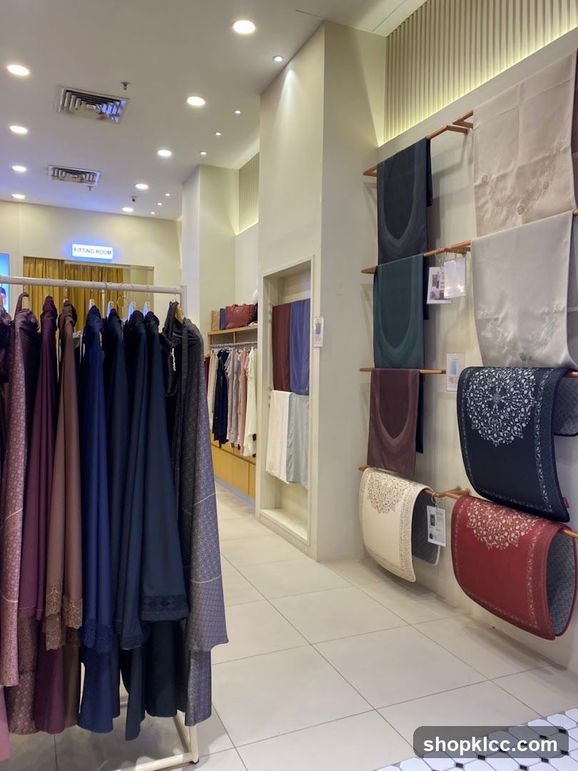 Clothing store interior with prayer mats and garments