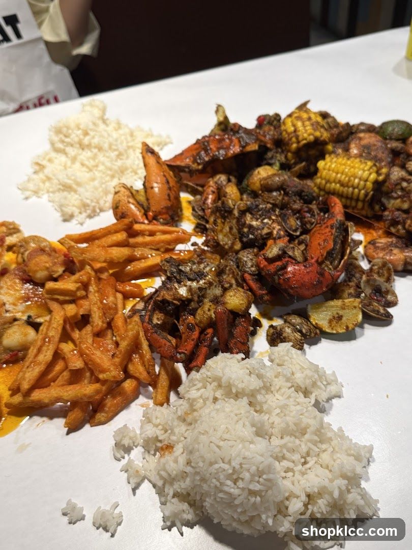 Seafood Platter with Rice and Fries
