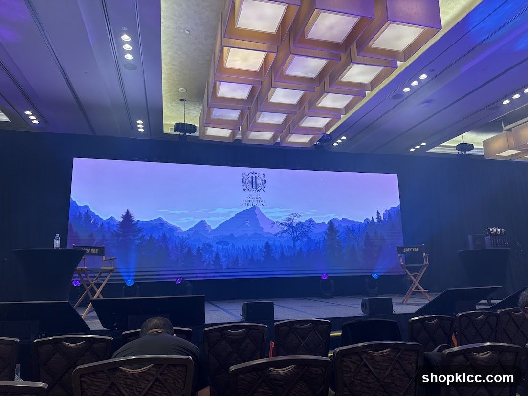 Stage with large screen and seating
