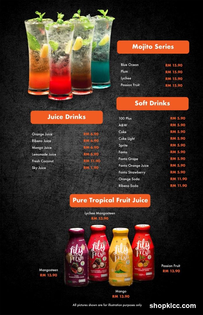 Mojito Series, Soft Drinks, Juice Drinks, Pure Tropical Fruit Juice Menu