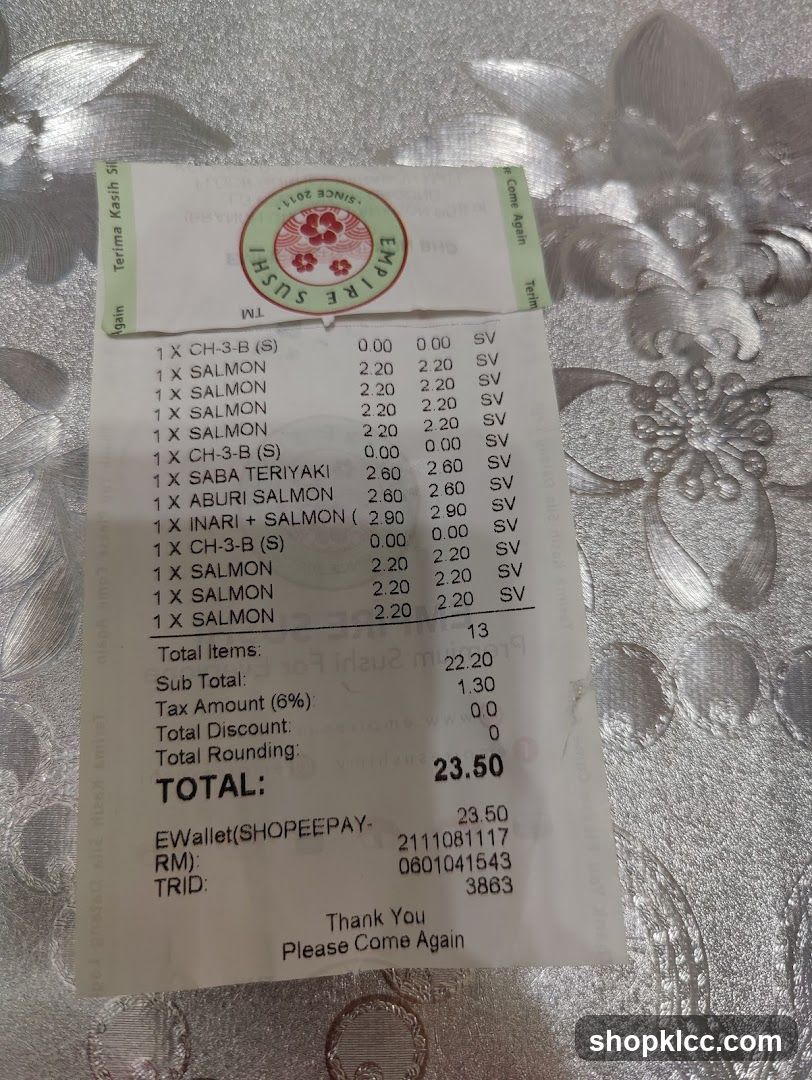 Receipt from Empire Sushi