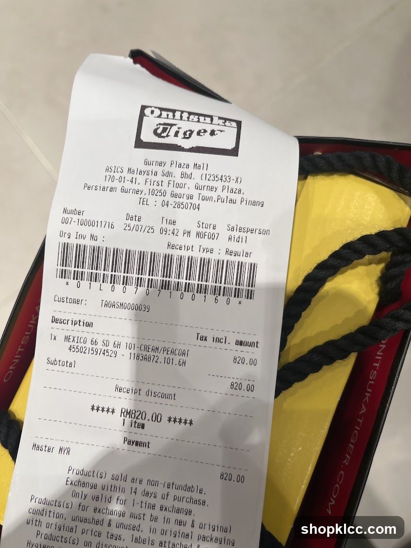 Onitsuka Tiger Receipt