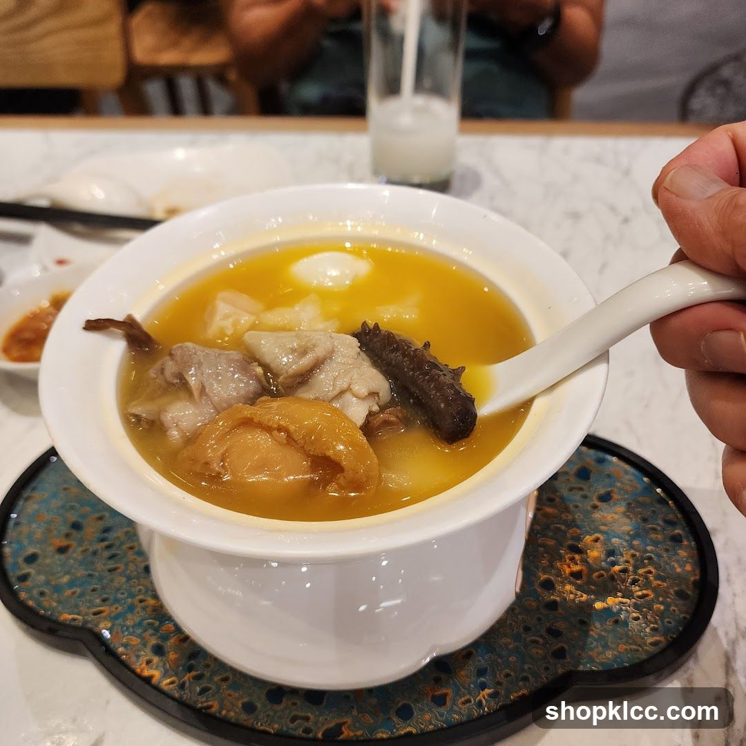 A bowl of soup with various ingredients