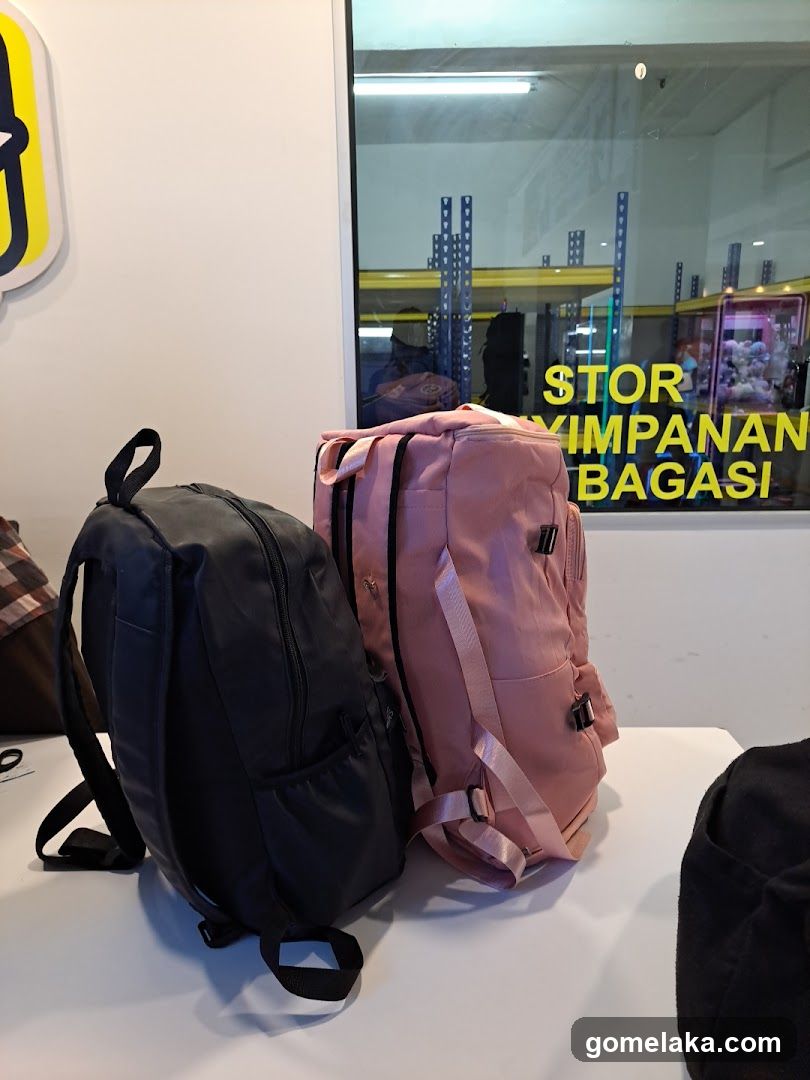 Backpacks on display table