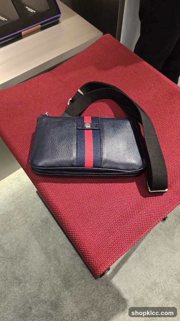 Blue Leather Bag with Red and Blue Stripe