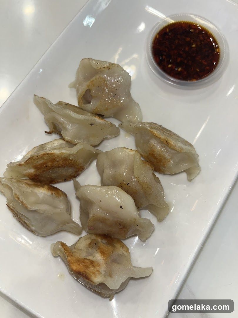 Pan-fried dumplings with dipping sauce