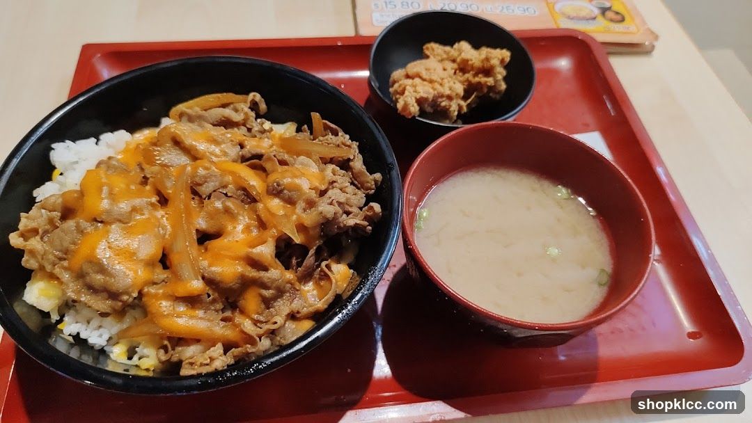 Beef and Cheese Rice Bowl with Fried Chicken and Miso Soup