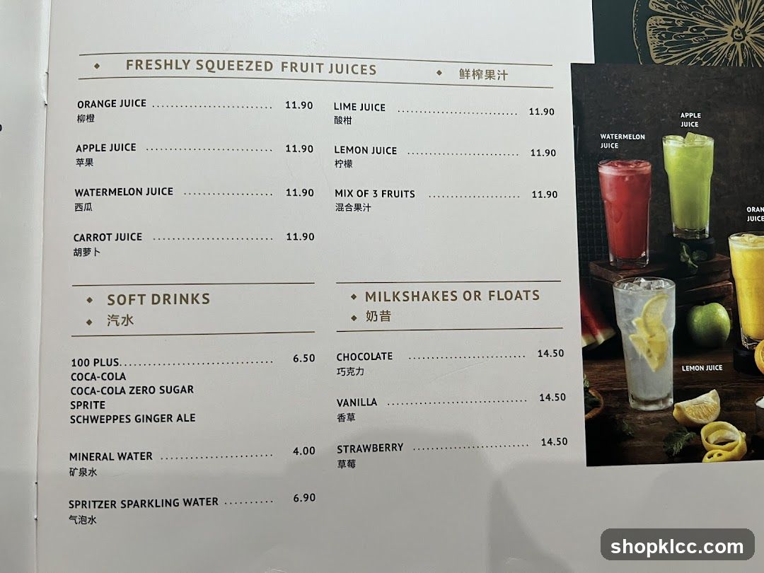 Freshly Squeezed Fruit Juices & Soft Drinks Menu