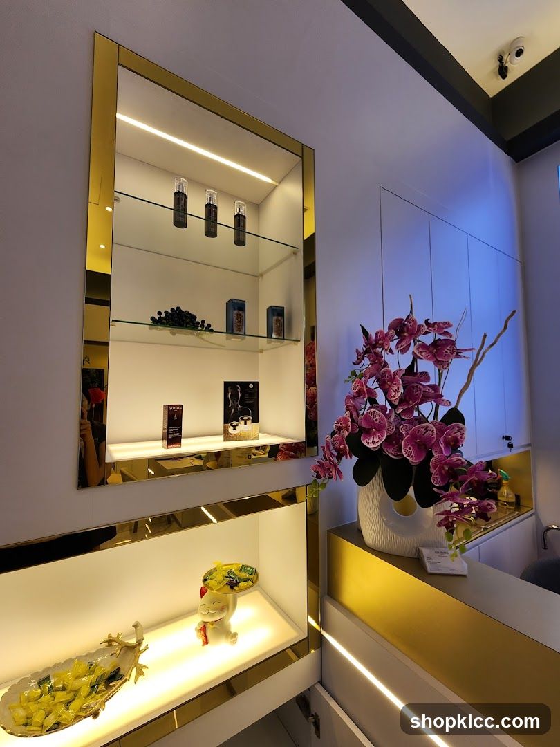 Display shelves with products and decor