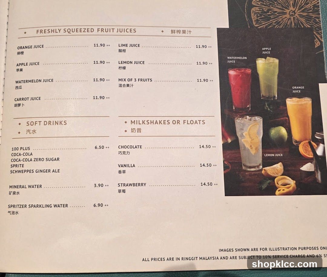 Freshly Squeezed Fruit Juices & Soft Drinks Menu