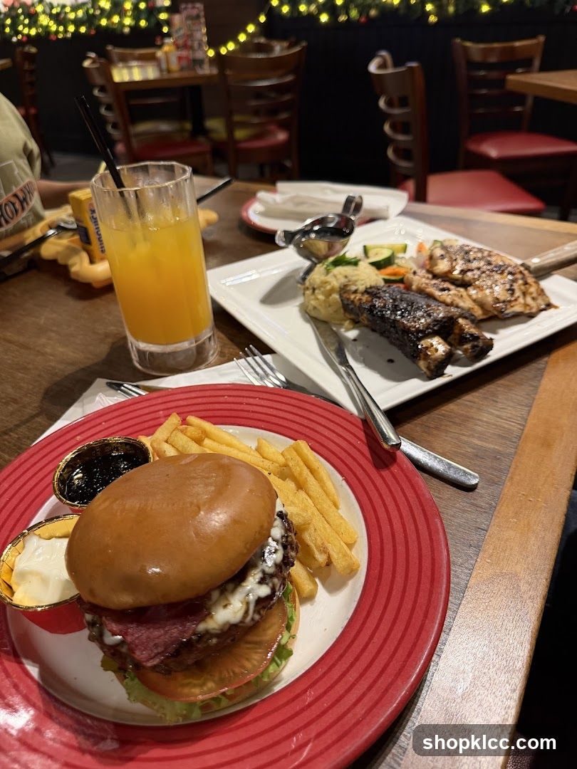 Restaurant Table Setting with Burgers and Grilled Fish