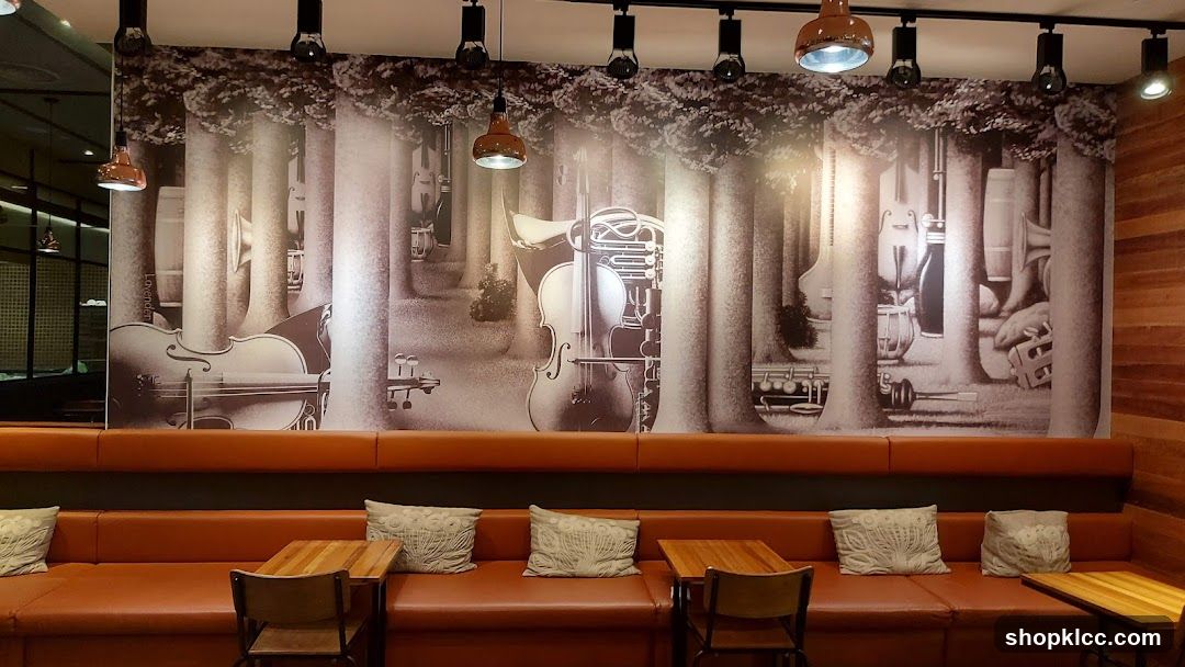Restaurant Interior with Musical Instrument Mural