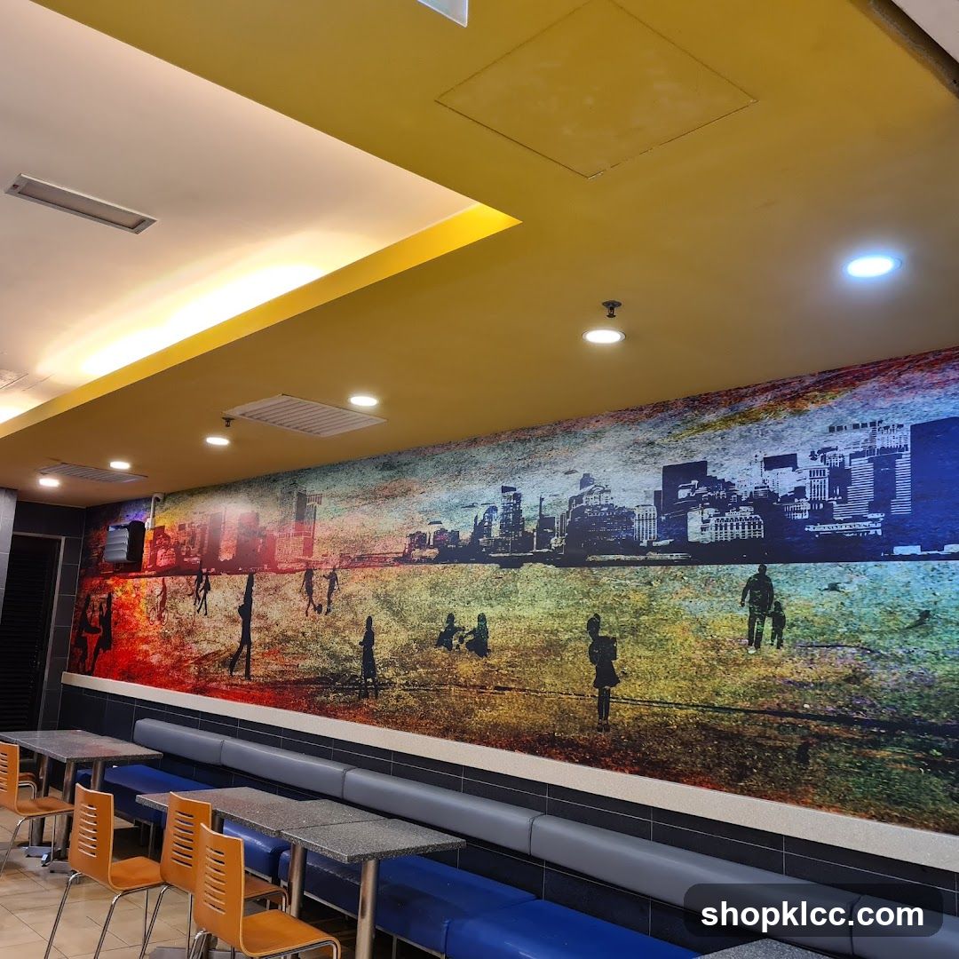 Restaurant Interior with Cityscape Mural