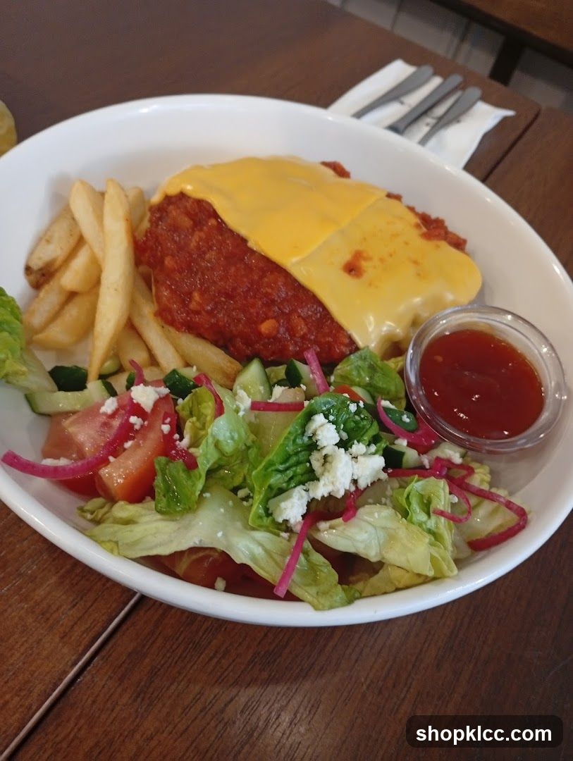 Chicken dish with fries and salad