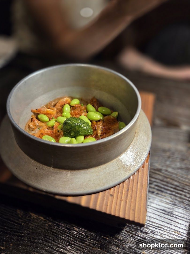 Edamame and Shrimp Dish in Metal Bowl