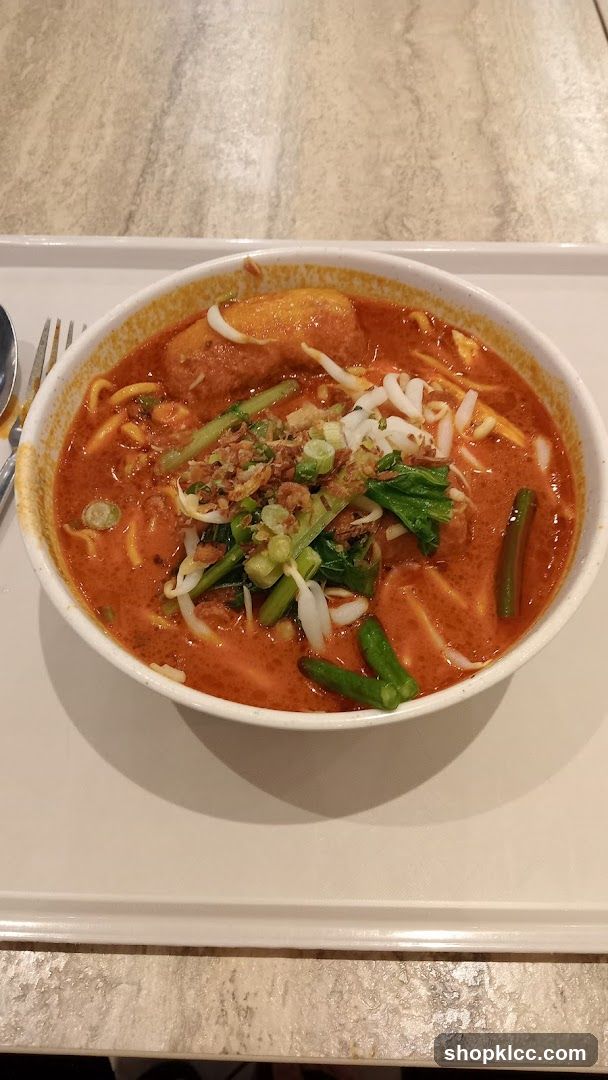 Bowl of Curry Noodles with Vegetables and Meatballs